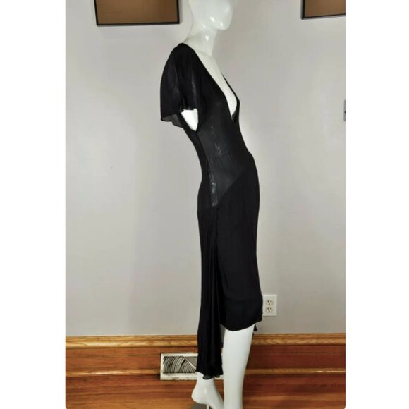 Vintage Black Silk Deep-V Scoop Neck Semi-sheer Drop Waist Asymmetrical Dress - Picture 3 of 7